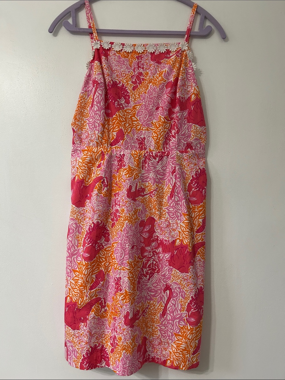 Vintage Lilly Pulitzer Dress Pink Party Animals Print Daisy Trim Midi Backless
